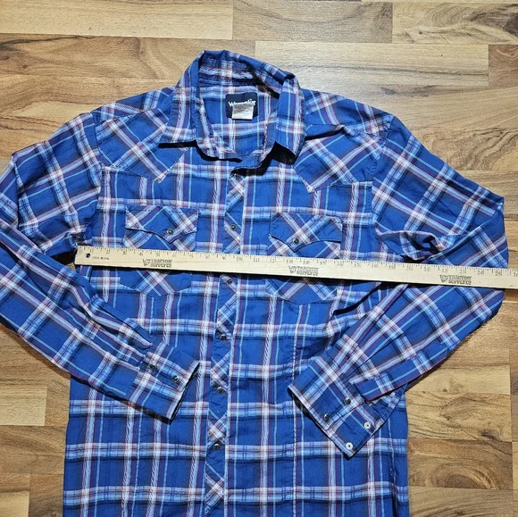 Wrangler Pearl Snap Blue Plaid Medium Western - Picture 5 of 9
